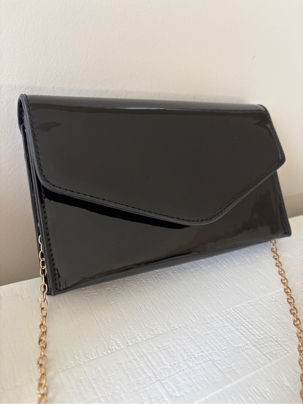 Steve Madden Black Patent Envelope Clutch with Gold Chain Strap